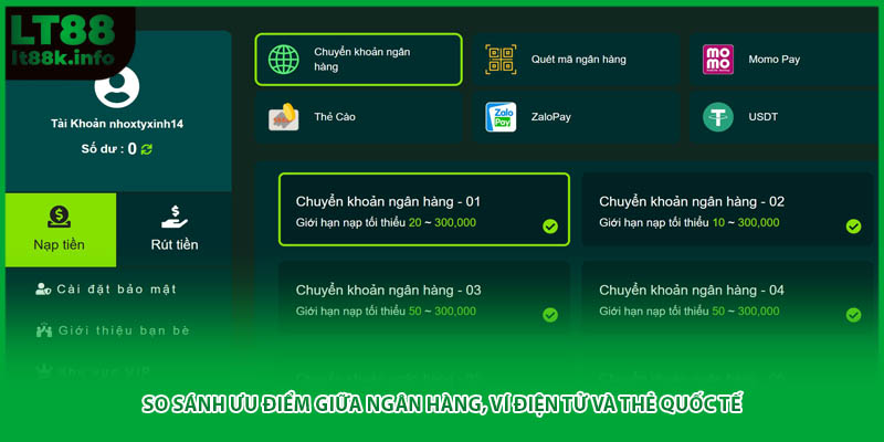 So sánh ưu điểm giữa ngân hàng, ví điện tử và thẻ quốc tế